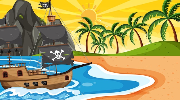 Océano con barco pirata en la escena del atardecer en estilo de dibujos animados