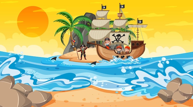 Vector océano con barco pirata en la escena del atardecer en estilo de dibujos animados