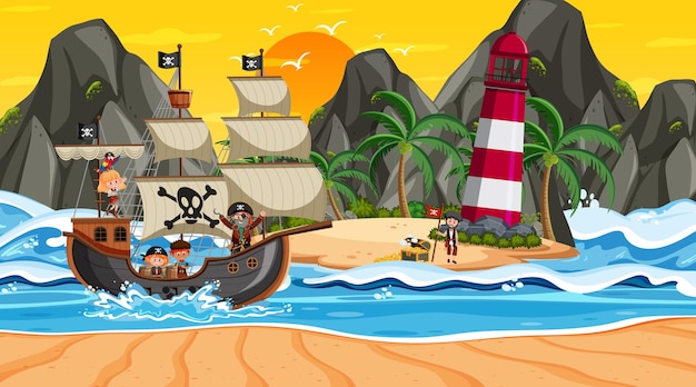 Océano con barco pirata en la escena del atardecer en estilo de dibujos animados