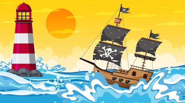 Océano con barco pirata en la escena del atardecer en estilo de dibujos animados