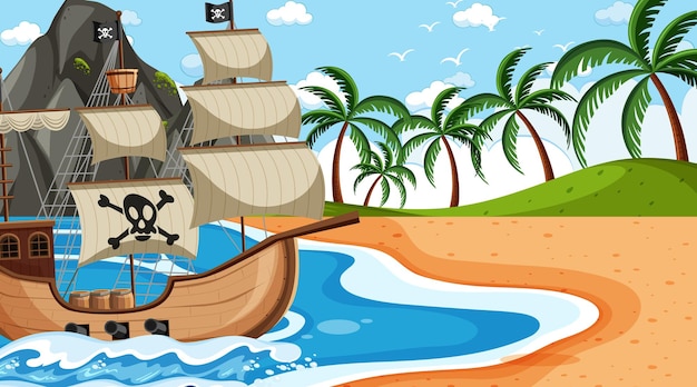 Océano con barco pirata en la escena diurna en estilo de dibujos animados