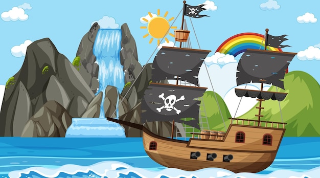 Vector océano con barco pirata en la escena diurna en estilo de dibujos animados