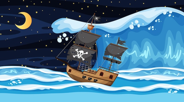 Océano con barco pirata en escena nocturna en estilo de dibujos animados