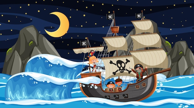 Océano con barco pirata en escena nocturna en estilo de dibujos animados