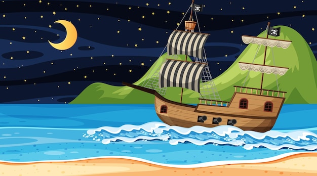 Océano con barco pirata en escena nocturna en estilo de dibujos animados
