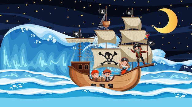 Océano con barco pirata en escena nocturna en estilo de dibujos animados