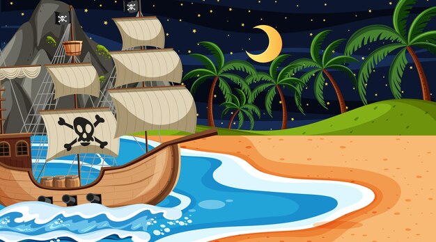 Océano con barco pirata en la escena nocturna en estilo de dibujos animados