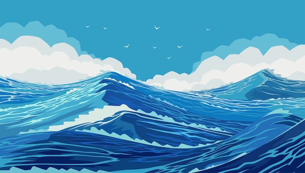 Océano duro con grandes olas del mar. Dibujo de espacios oceánicos. Mar ondulado y hermoso. El Océano Pacífico está furioso. Olas azules grandes y fuertes. Furiosas olas del mar en el Mar Azul.