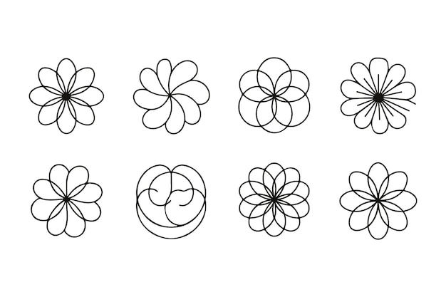 Ocho formas florales muestran variados arreglos de pétalos en un marcado arte de líneas minimalistas en blanco