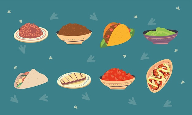 Vector ocho iconos de tacos mexicanos