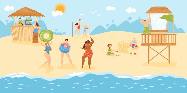 Ocio en la playa para personas en vacaciones de verano, ilustración. carácter de hombre mujer en el océano tropical resort, estilo de vida de dibujos animados de vacaciones. feliz viaje de relax en el mar, divertida actividad recreativa.