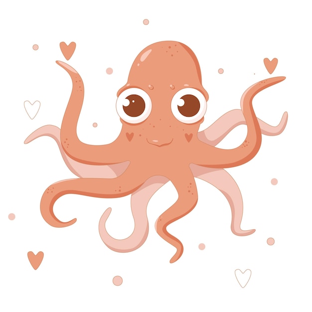 Octopus lindo con elementos de vida marina dibujados a mano Animales marinos Vector doodle Octopus de dibujos animados marinos