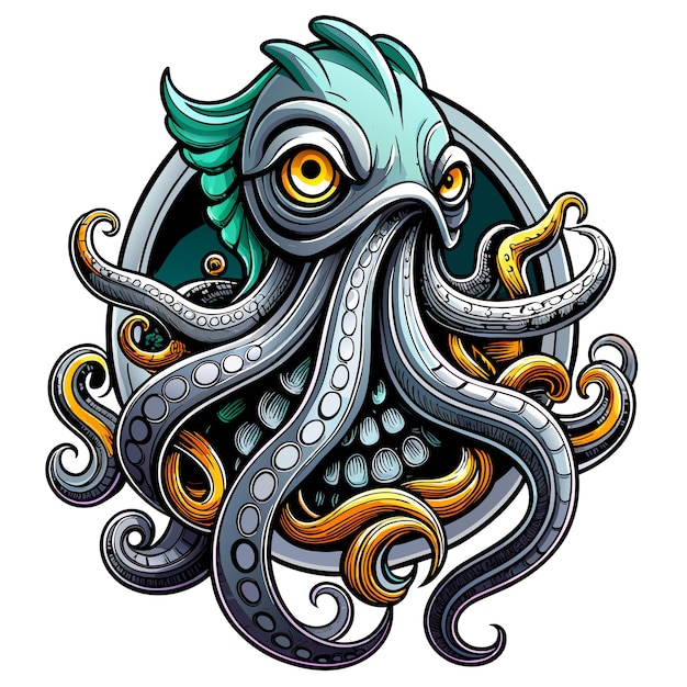 Octopus octoskull malvado dibujado a mano personaje de dibujos animados pegatina icono concepto ilustración aislada