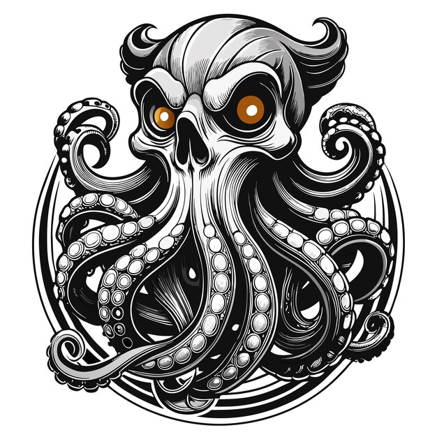 Octopus octoskull malvado dibujado a mano personaje de dibujos animados pegatina icono concepto ilustración aislada