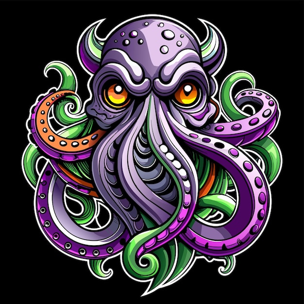 Vector octopus octoskull malvado dibujado a mano personaje de dibujos animados pegatina icono concepto ilustración aislada
