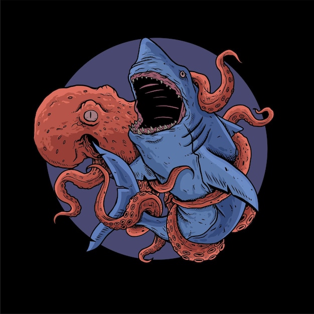 Octopus y tiburón luchando Vector premium