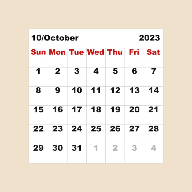 Octubre de 2023 Calendario de un mes en forma de tabla para el organizador o planificador Ilustración vectorial