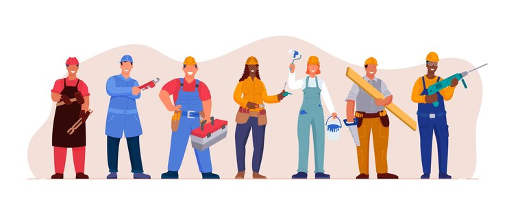 Vector ocupación profesional de la profesión del trabajo del trabajador del técnico. empleado capataz, manitas, contratista, electricista, plomero, reparador, pintor especialista en ilustración de vector de equipo de obrero uniforme