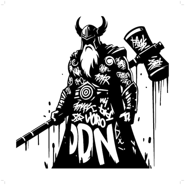 Odin deidad nórdica mitología silueta deidad en graffiti etiqueta hip hop arte callejero tipografía ilustración