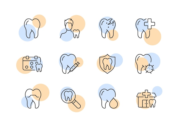 Odontología establecer icono dientes diente esmalte blanco sonrisa diente estructura raíz garrapata lupa examen programado clínica cruz píldora crack caries blanqueamiento Estomatología Vector línea icono