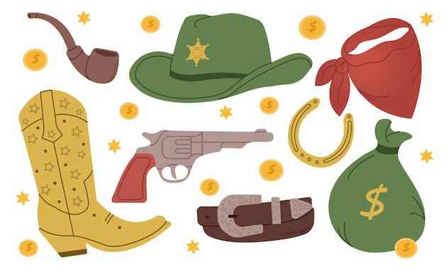 El oeste salvaje, botas de vaquero, sombrero, escotilla para fumar, cinturón, herradura, bolsa de dinero, bufanda para el cuello.