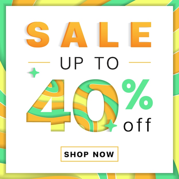 Oferta hasta 40 de descuento Promoción Descuento Compras en línea Capa 3D Tarjeta de papel recortada Publicidad Banner web