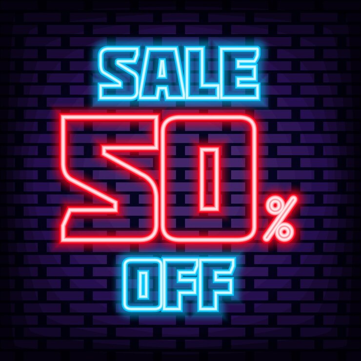 Vector oferta 50 de descuento insignia en estilo neón brillando con luz de neón colorida anuncio letrero de neón