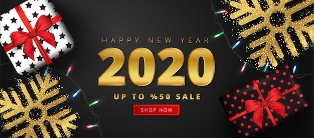 Oferta de 50% de descuento para letras de venta de feliz año nuevo 2020