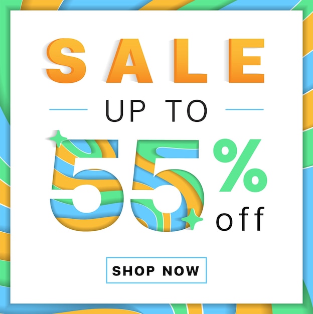 Oferta hasta 55 de descuento Promoción Descuento Compras en línea Capa 3D Tarjeta de papel recortada Publicidad Banner web