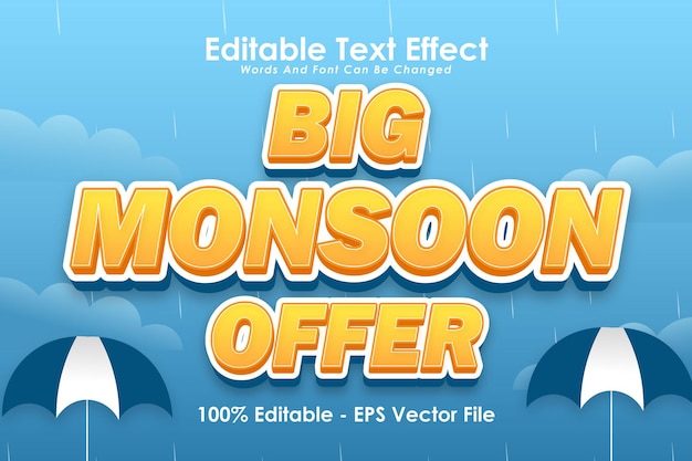 Oferta de big monsoon efecto de texto editable 3 dimensiones relieve estilo de dibujos animados