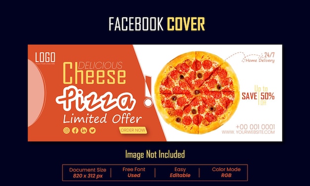 Vector oferta de comida de pizza de queso de diseño de portada de facebook plana de vector libre