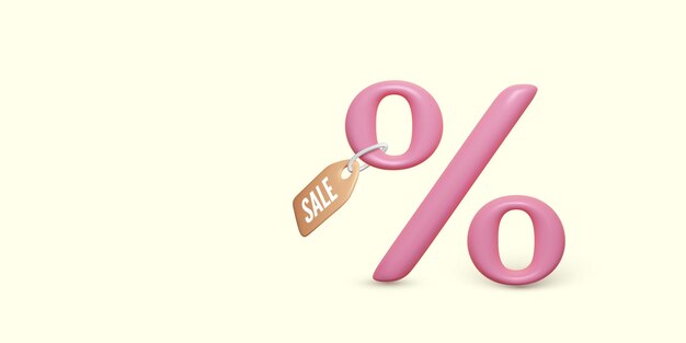 Oferta de descuento banner 3D icono de porcentaje rosa con etiqueta de precio ilustración vectorial