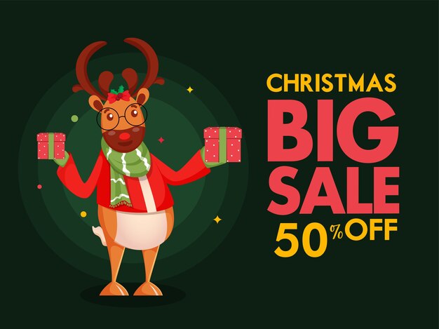 Oferta de descuento de cartel de gran venta de Navidad y renos de dibujos animados con cajas de regalo sobre fondo verde.