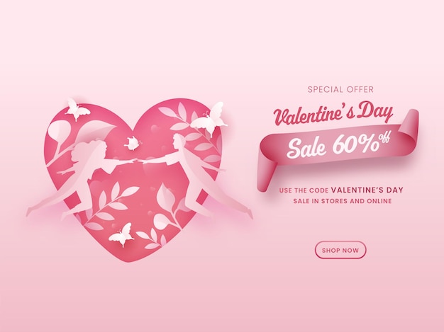 Oferta de descuento de cartel de venta de san valentín, pareja de corte de papel volando, mariposas y hojas sobre fondo rosa.