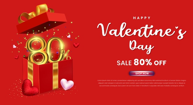 Oferta del día de san valentín 80 por ciento de descuento en promoción o plantilla de compras con caja de regalo y número 3d