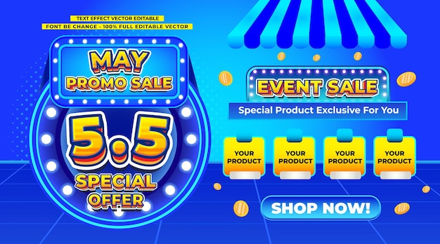 Vector oferta especial del 55 de mayo texto 3d día de pago editable venta flash especial evento descuento en efectivo promoción en redes sociales fondo de plantilla de regalo