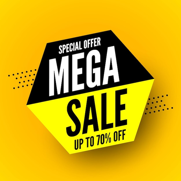 Oferta especial de banner de mega venta negra y amarilla hasta 70 de descuento Ilustración vectorial