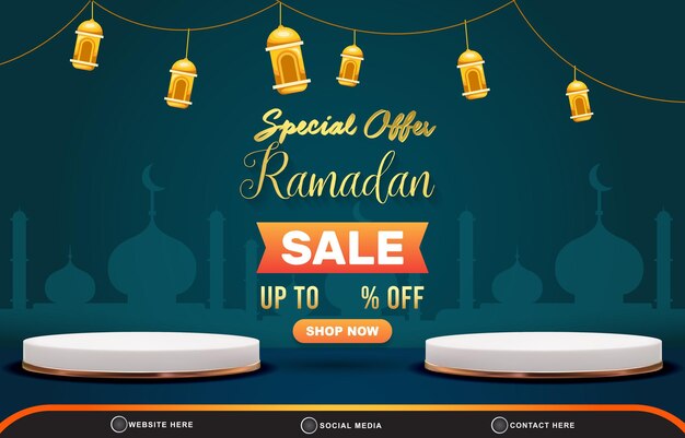 Oferta especial banner de plantilla de descuento de venta de ramadán con podio 3d de espacio en blanco para la venta de productos con diseño de fondo azul y verde degradado abstracto