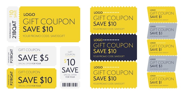 Oferta especial código de promoción de plantilla de cupón de regalo para ahorrar dinero. Vale monetario con descuento en dólares y código de barras.