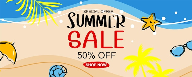 Oferta especial de descuento de playa de verano en estilo dibujado a mano