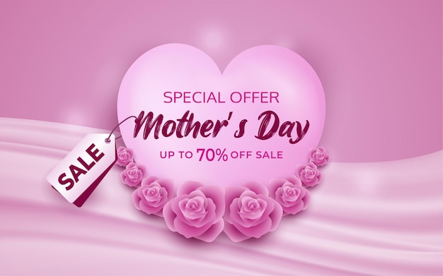 Vector oferta especial del día de la madre 50 banner de descuento en venta con forma personalizada blanca y etiqueta rosa con descuento