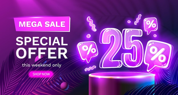 Oferta especial de mega venta neon 25 fuera de venta banner promoción de tablero de anuncios vector