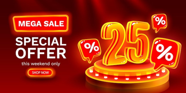 Oferta especial de mega venta Neon 25 fuera de venta banner Promoción de tablero de anuncios Vector