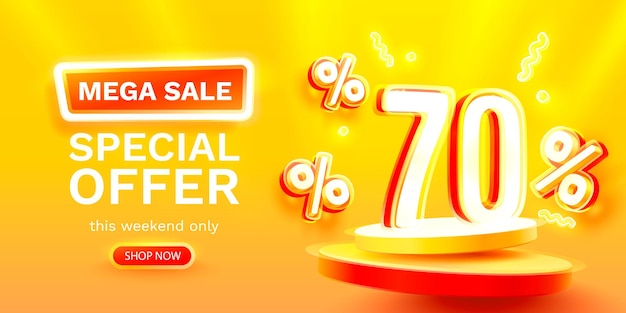 Oferta especial de mega venta neon 70 banner de descuento promoción de tablero de anuncios vector