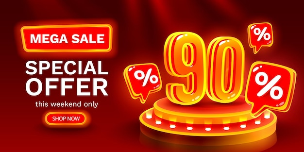 Oferta especial de mega venta Neon 90 fuera de venta banner Promoción de tablero de anuncios Vector