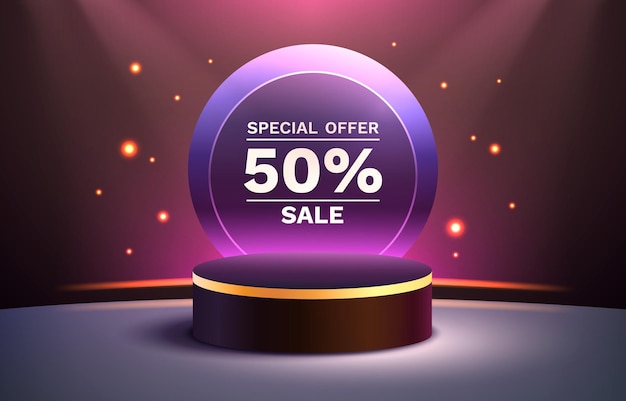 Oferta especial de mega venta Podio de escenario por ciento Escena de podio de escenario con fondo de elemento de decoración de premios Vector