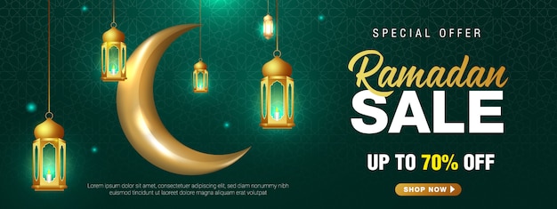 Vector oferta especial ramadán venta ornamento islámico linterna creciente luna plantilla de banner.