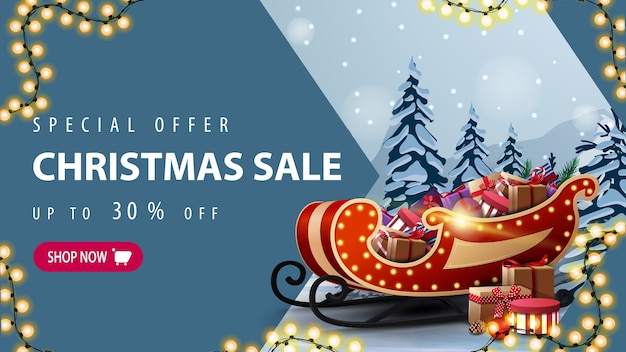 Oferta especial, rebajas navideñas, hasta 30 de descuento, banner de descuento con guirnalda, botón rosa, flecha, trineo de Papá Noel con regalos y paisaje invernal