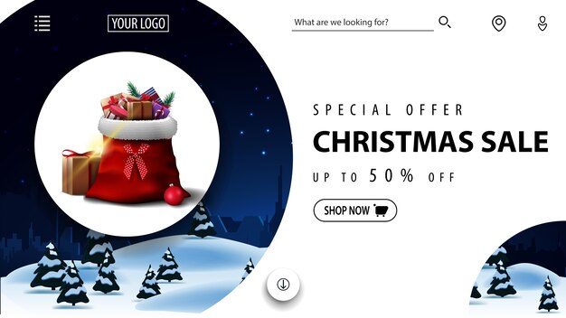 Oferta especial, rebajas navideñas, hasta 50% de descuento, hermoso banner de descuento rojo y azul con paisaje invernal y bolsa de papá noel con regalos