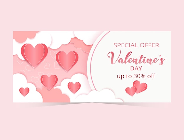 Oferta especial de san valentín 30 de descuento en pancarta con muchos corazones concepto de san valentín